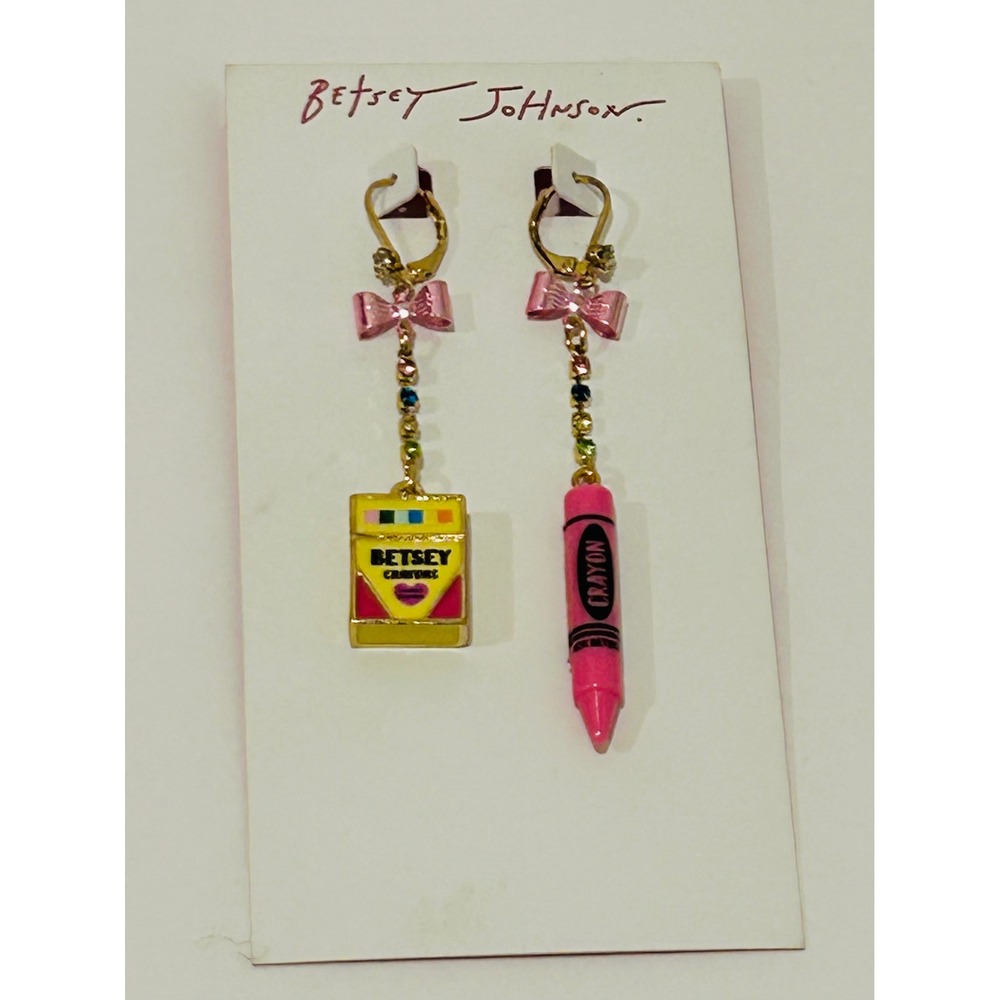 Betsey Johnson Crayon Box Mismatched Drop Earrings Pink Yellow Gold Tone Crystal